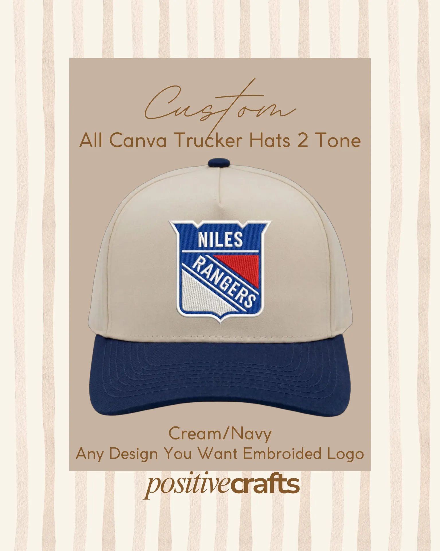 [CACTHTTSB5PEMBI001FGCN] Custom All Canvas Trucker Hat Two Tone Snapback 5 Panel Embroidery Image (CREAM NAVY)